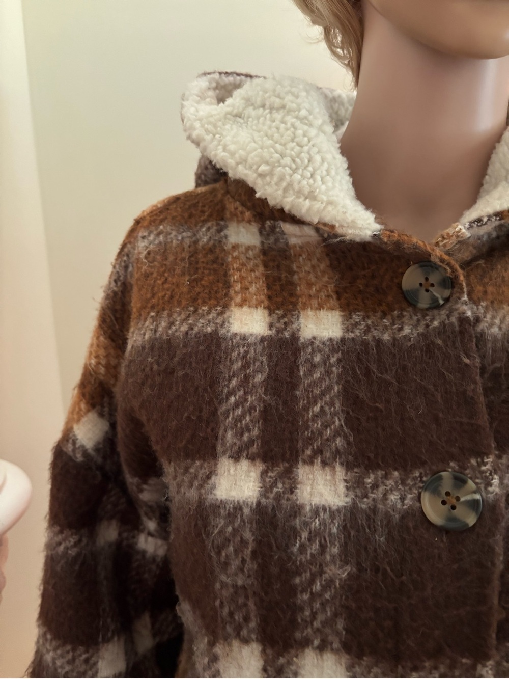 RD Style Plaid Hooded Coat in Brown, Cream & Tan R1 - Picture 6 of 16